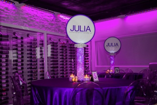 LED  Custom Logo Centerpiece with Lavender Chips, Votives, Floating Candles and Table Sign for Bat Mitzvah Decor