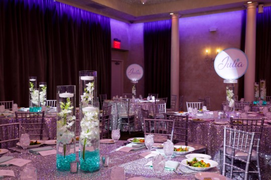 LED Orchid Centerpiece with Votives and Floating Candles for Bat Mitzvah Decor
