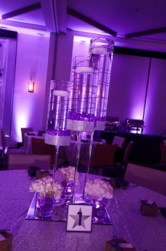 Cylinder with Purple Wire and Floating Candle on Mirror Base with Flower Arrangements and Star Theme Table Sign for Bat Mitzvah Decor