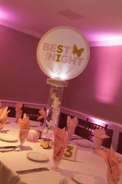 LED Orchid Centerpiece with Custom Butterfly Logo Topper for Sweet Sixteen