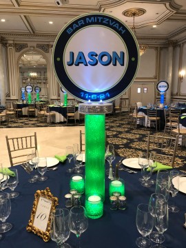 Custom Logo Centerpiece with LED Gems, Votives and Floating Candles for Bar Mitzvah Decor