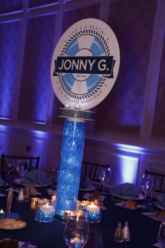 LED Centerpiece with Custom Logo Topper for Beach Themed Bar Mitzvah
