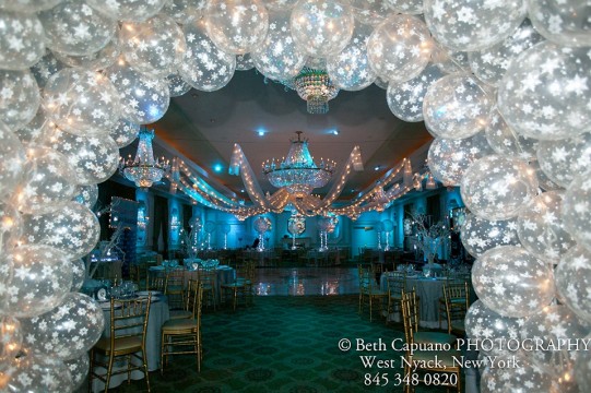 Winter Wonderland Themed Bnei Mitzvah with Snowflake Balloon Tunnel at The Rockleigh, NJ