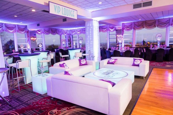 Hollywood Themed Bat Mitzvah with Custom LED Lounge, Logo Centerpieces & LED Uplighting at Eagles Nest, NY