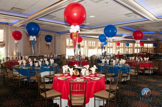 Hockey Themed Bar Mitzvah with Sports Cube Centerpieces & 36" Balloons with Floating Pennants at VIP Club, New Rochelle