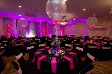 Masquerade Themed Bat Mitzvah with Sparkle Balloons & Photo Cube Centerpieces, Pink Uplighting, Balloon Columns & Chair Covers at the Doubletree Tarrytown