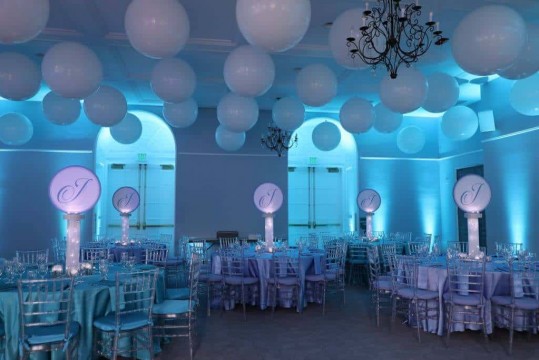 Club Themed Bat Mitzvah with LED Logo Centerpieces & Ceiling Balloons at Temple Shaaray Tefila, Bedford NY
