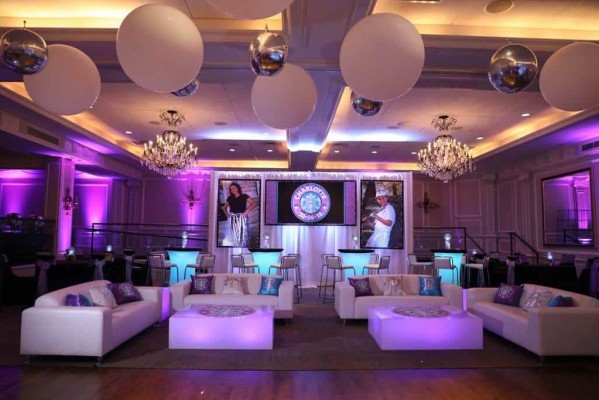 Starbucks Themed Bat Mitzvah with White & Silver Orbz Ceiling Treatment, Custom LED Lounge Setup & Logo Backdrop with Photos & Lights at the Westin Governor Morris Inn, NJ