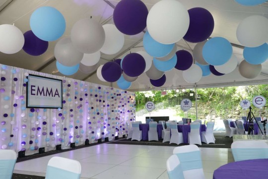 Wonderful Tent Party with Bubble Balloon Wall, Custom Backdrop,  3' Balloon Ceiling Treatment & Logo Centerpiece Bat Mitzvah at Young Israel  Scarsdale