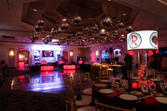 Incredible Bar Mitzvah Setup with Custom LED Lounge, Lampshade Logo Centerpiece with Orchids, Backdrop with Blow Up Pictures and Ceiling Treatment with Orbz at Temple Beth Ahm Yisrael, Springfield - NJ