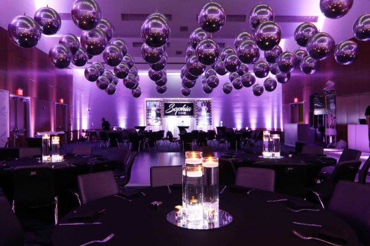 Galaxy Themed Bat Mitzvah with Metallic Orbz Ceiling Treatment, LED Centerpieces & Logo Backdrop at the W Hotel, Hoboken