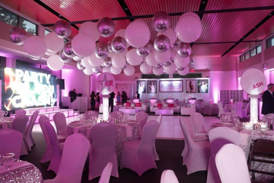Club Themed Bat Mitzvah with White & Silver Ceiling Balloon Treatment & Custom LED Lounge at Temple Beth El, Chappaqua