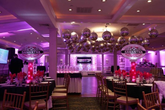 Survivor Themed Bat Mitzvah with Silver Orbz over Dance Floor, Custom Logo Centerpieces & LED Bubble Wall Backdrop at Westchester Country Club