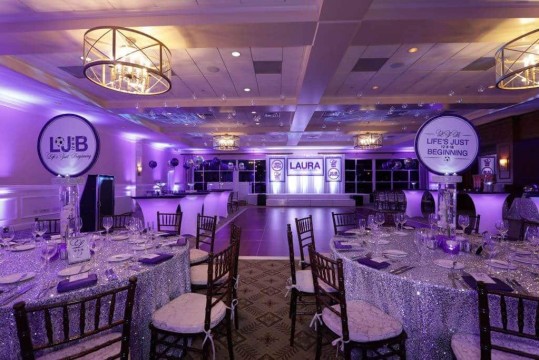Purple Themed Bat Mitzvah with LED Orchid & Logo Centerpieces, Custom Backdrop & Purple Uplighting at Paramount Country Club, NY