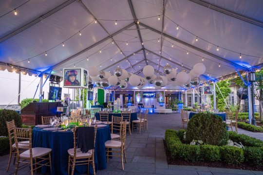 Incredible Bat Mitzvah Party in a Tent at Temple Emanu-El of Closter with Custom LED Lounge, Ceiling Treatment and Orchids LED Centerpiece