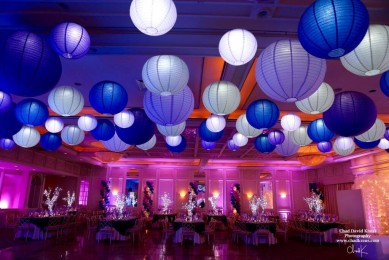 Purple Themed Bat Mitzvah with LED Lanterns on Ceiling & LED Tree Centerpieces at The Fountainhead, New Rochelle