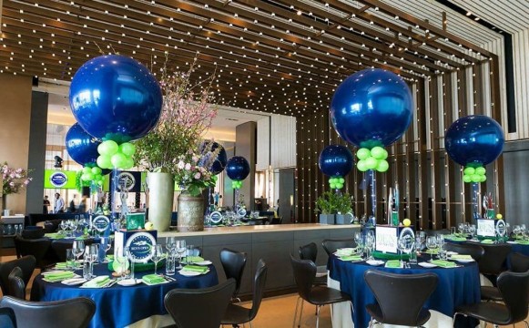 Tennis Themed Bar Mitzvah with Sports Cube Centerpieces & Navy & Lime Balloons at Riverpark, NYC