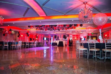Red, Black & Silver Bar Mitzvah with Loose Balloons on Ceiling & LED Sparkle Balloon Centerpieces at Seasons Catering