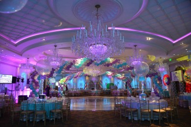 Candy Themed Bat Mitzvah with Balloon Wrap around Dance Floor, Photo Cube & Sparkle Balloon Centerpieces and Custom Backdrop & Balloon Sculptures at The Rockleigh