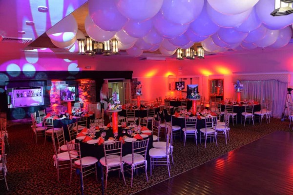 Everything Girl Bat Mitzvah with Diorama Centerpieces, White Balloons on Ceiling & Red Lighting
