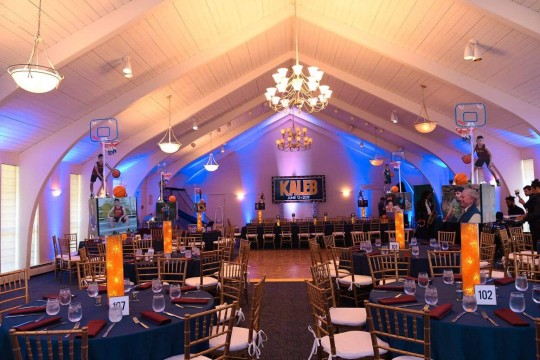 Cleveland Caveliers Themed Bar Mitzvah with Custom LED Centerpieces, Logo Backdrop & Uplighting at Temple Beth Sholom