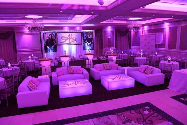 Pink & Gold Bat Mitzvah with Custom LED Lounge, Logo Sign with Glitter & Lights & Blowup Photos at Biagios, NJ
