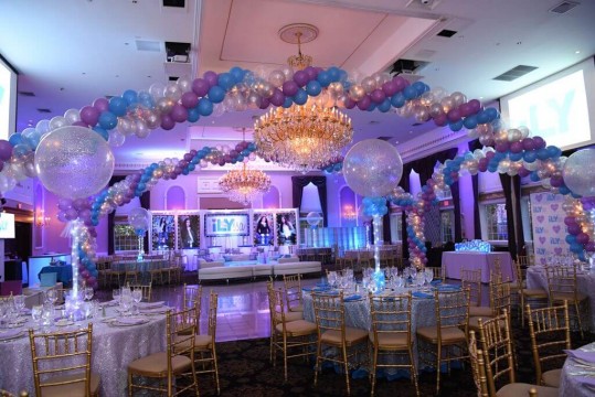 Lavender & Turquoise Bat Mitzvah with Balloon Wrap around Dance Floor, Custom Lounge & Sparkle Balloon Centerpieces at Florentine Gardens