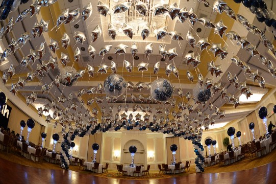 Navy & White Bar Mitzvah with Balloon Canopy Wrap over Dance Floor & Exploding Balloon Release