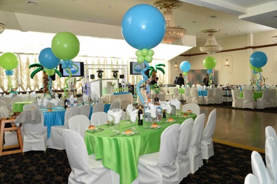 Beach Themed Bat Mitzvah with Themed Centerpieces & Palm Tree Balloon Sculptures at Colonial Inn