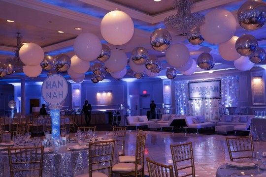 Light Blue & Silver Bat Mitzvah with Large  Balloons on Ceiling, LED Bubble Wall with Glittered Backdrop and Uplighting at Wilshire Grand