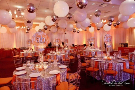 Orange Themed Bat Mitzvah with LED Orchid & Logo Centerpieces, White & Silver Orbs Ceiling Treatment & LED Uplighting at Temple Bet Torah, Mt. Kisco