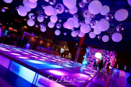 Club Themed B'nai Mitzvah with LED Ceiling Balloon Treatment at Bowlmor, Chelsea Piers, NYC
