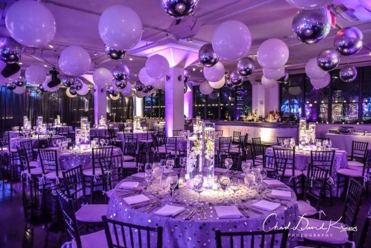 Beautiful Bat Mitzvah Setup with White & Silver Ceiling Balloons & LED Orchid Centerpieces at Tribeca 360, NYC