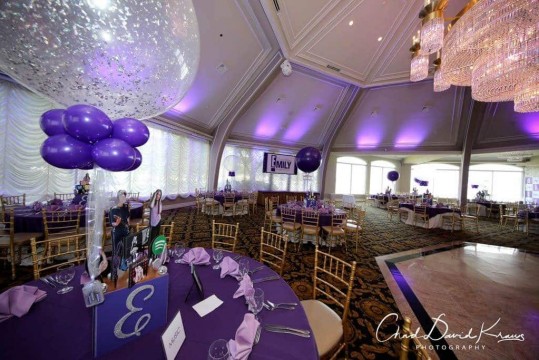 Purple & Silver Bat Mitzvah with 3D Cubes & Topper Centerpieces, Alternating Purple & Silver Sparkle Balloons and a Custom Logo Backdrop at The View on the Hudson, NY