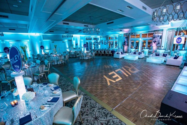 Club Themed Bat Mitzvah with LED Logo Centerpieces, Custom Lounge Furniture and LED Uplighting at Willow Ridge Country Club