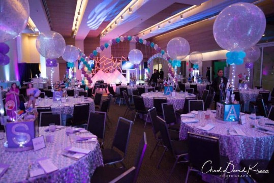 Turquoise & Lavender B'not Mitzvah with Sparkle Balloon Centerpieces at Westchester Reform Temple