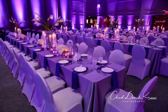 Beautiful Bat Mitzvah Setup with LED Floral Centerpieces & Lavender Uplighting at Kol Ami, White Plains
