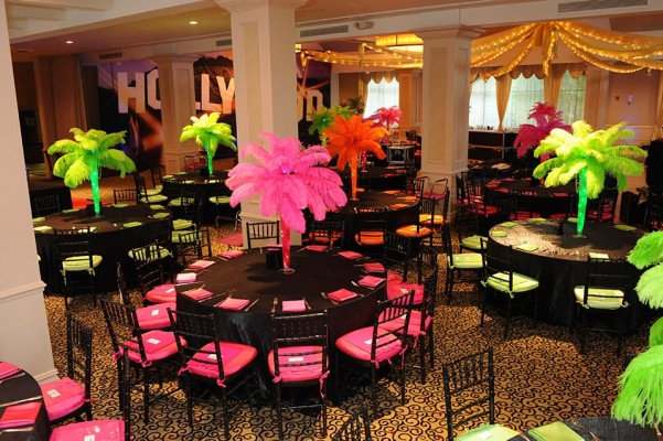 Hollywood Themed Bat Mitzvah with Neon Feather Centerpieces at Edgewood Country Club, NJ