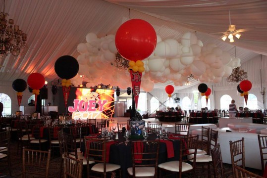 Maryland Terps Themed Graduation with White Balloon Sculpture over Dance Floor and Black & Red Balloon Centerpieces at West Hills Country Club