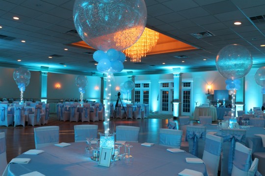 Turquoise Sweet 16 with Aqua Gem & Sparkle Balloon Centerpieces & LED Uplighting at Town & Country Caterers