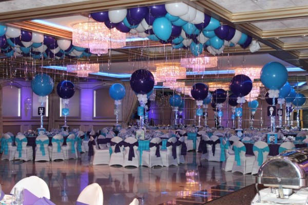 Purple & Turquoise Bat Mitzvah with Alternating Solid Balloon Centerpieces at Royal Manor, Garfield NJ