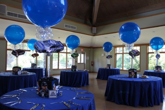 Nascar Themed Bar Mitzvah with Blowup Car Centerpieces and 36" Royal Balloons at Temple Beth Am Shalom