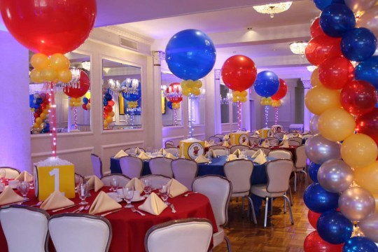 Daniel The Tiger First Birthday with Photo Cube Centerpieces, 36" Balloons & Lights & Balloon Columns at Colonial Terrace