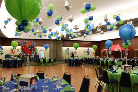 App Themed Bar Mitzvah with Alternating Blue & Green Marble Balloons & Clusters & Dazzle Stars over Dance Floor