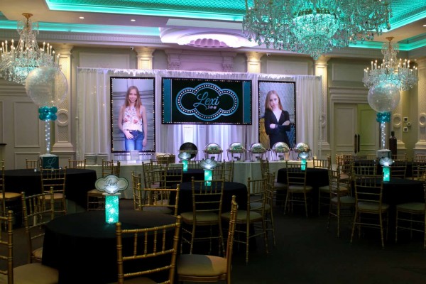 Club Themed Bat Mitzvah with Custom LED Backdrop, Blowup Photos & Logo Centerpieces at The Rockleigh