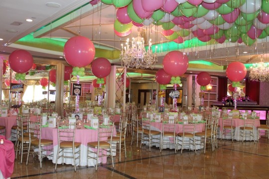 Candy Themed Bat Mitzvah with Themed Centerpieces, Large Pink Balloons & Lime & Pink Ceiling Balloons at Seasons Caterering