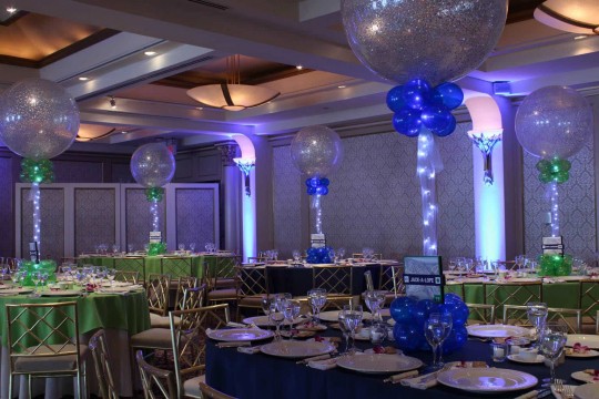 Ski Themed Bar Mitzvah with Royal & Lime Sparkle Balloon Centerpieces & Ski Trail Signs at Glen Island Harbour Club