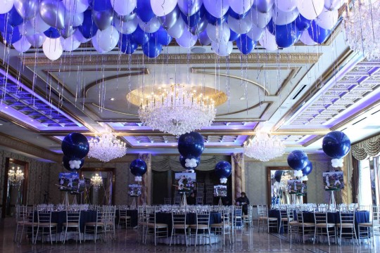 Baseball Themed Bar Mitzvah with Stadium Diorama Centerpieces, Navy & White 36" Balloons & Loose Balloons over the Dance Floor at Seasons Catering
