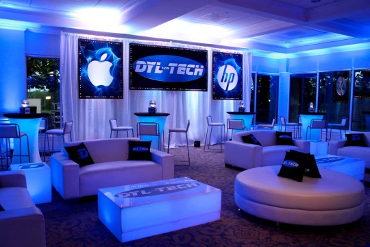 Technology Themed Bar Mitzvah with LED Lounge Setup, Custom Backdrop & Blue Lighting at Elmwood Country Club