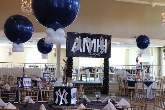 Basketball & Baseball Themed Bar Mitzvah with Custom Logo Backdrop, Alternating Centerpieces & 36" Navy & White Balloons at Portobello
